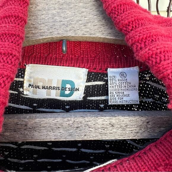 Vintage 90s Red Black Snowflake Christmas Fair Isle Turtleneck Tunic Sweater - Picture 5 of 6